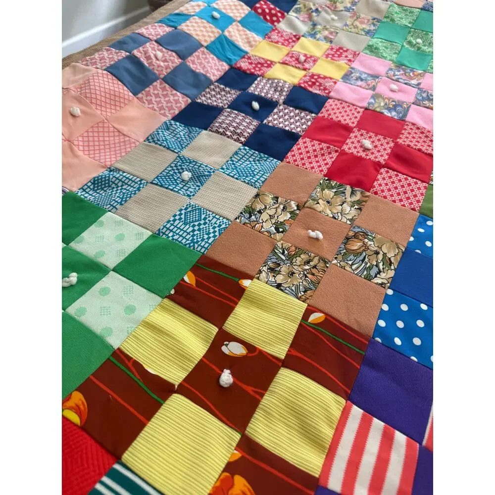 Vintage Handmade Polyester Double Knit Patchwork Tied Comforter Queen Granny
